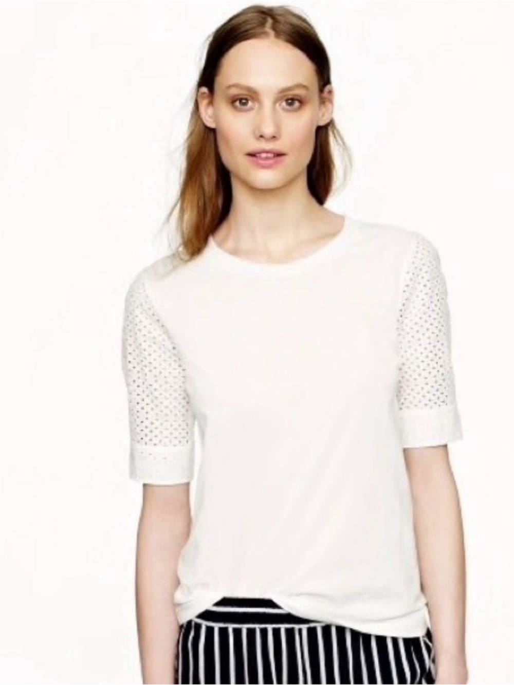 J. Crew White Eyelet-Sleeve Crewneck Tee